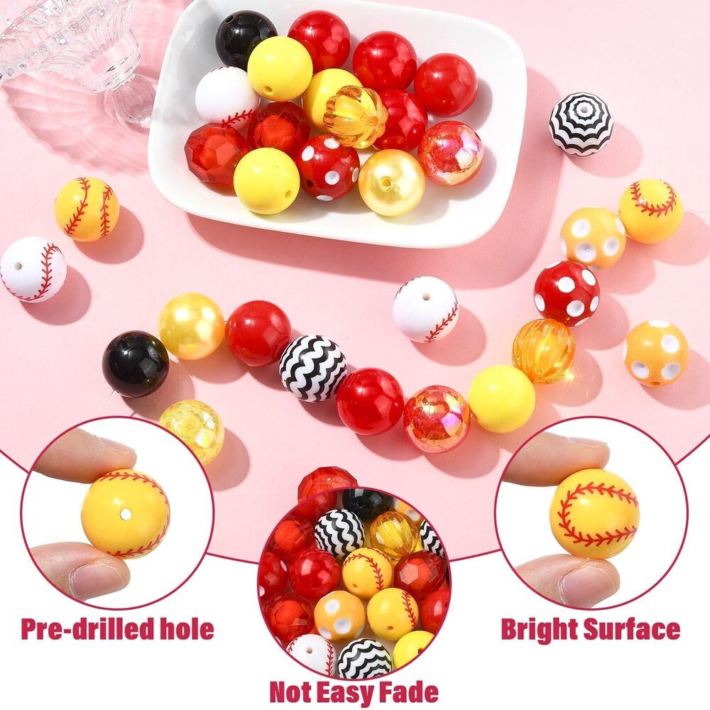 8215 105pcs Random Chunky Baseball Beads Red Yellow Acrylic Round Sport View 3